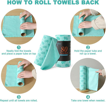 Microfiber Cleaning Cloth Roll,80 Pack Cleaning Towels,Lint Free Rags Paper Towels & Tear Away Reusable Towels,Washable Shop Rags Floral Wipe Cloth,Wash Cloths Dish Rags for Car Kitchen Window