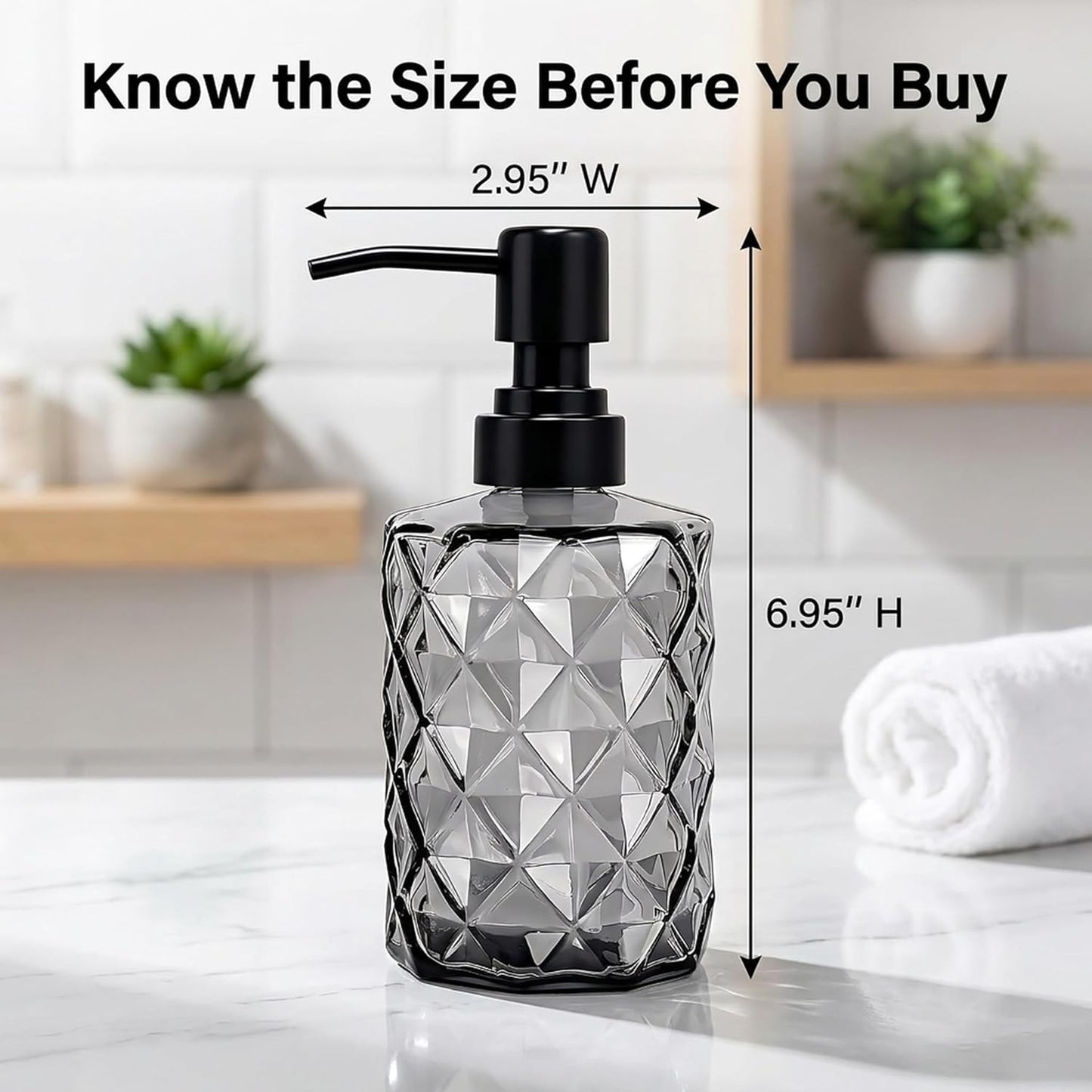 12 Oz Clear Black Glass Soap Dispenser with Plastic Pump - Refillable Liquid Hand Soap Dispenser for Kitchen Soap Dispenser for Bathroom, Hand Soap, Dish Soap