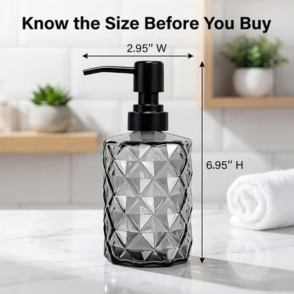 12 Oz Clear Black Glass Soap Dispenser with Plastic Pump - Refillable Liquid Hand Soap Dispenser for Kitchen Soap Dispenser for Bathroom, Hand Soap, Dish Soap