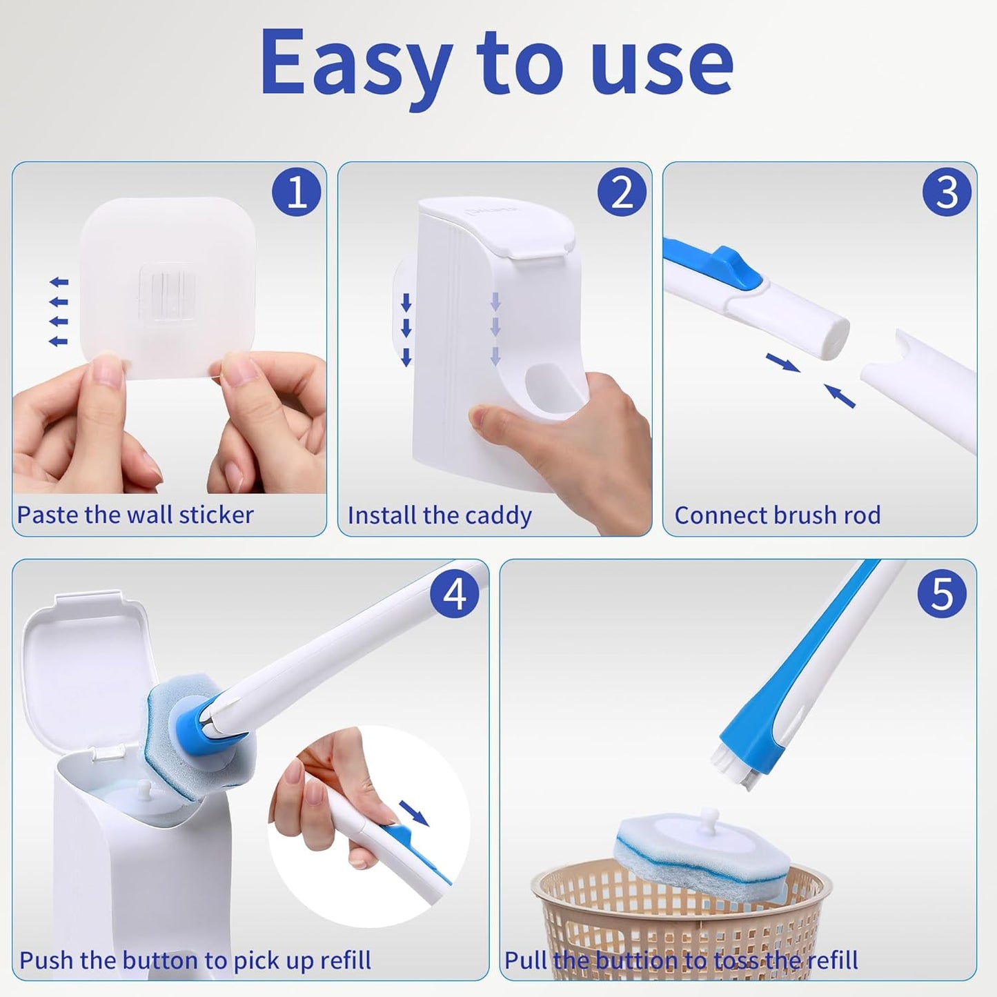 Disposable Toilet Brush with 40PCS Refills, Wall Mounted Compact Bathroom Bowl Wand Cleaning System Long Handle with Storage Caddy