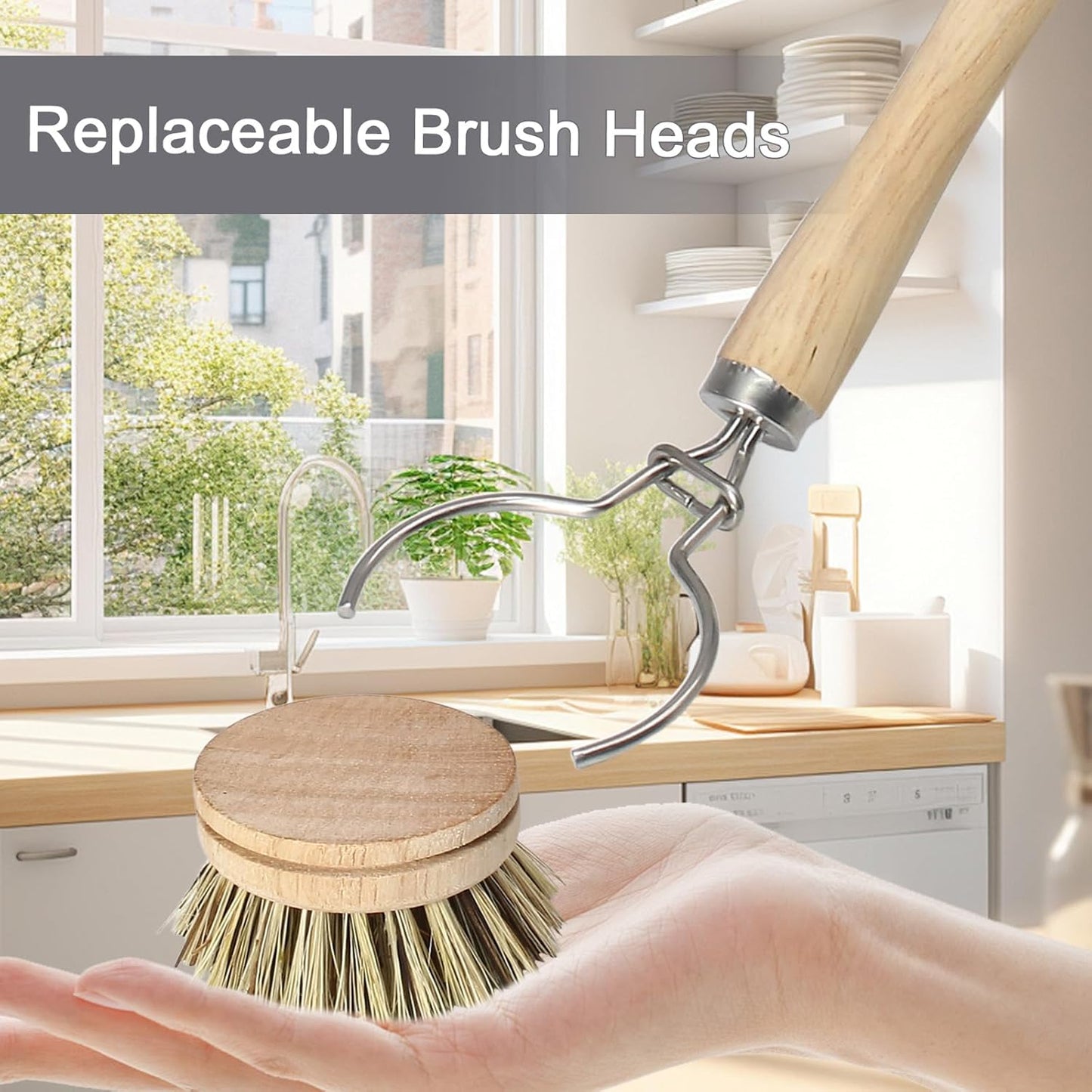 Wooden Dish Brush Set, 4 Natural Bristle Replacement Heads with 1 Sturdy Wooden Handle, Sisal Kitchen Scrub Brush for Pots, Pans, Vegetables and Cookware
