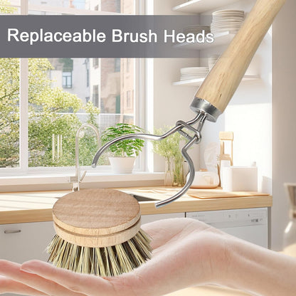 Wooden Dish Brush Set, 4 Natural Bristle Replacement Heads with 1 Sturdy Wooden Handle, Sisal Kitchen Scrub Brush for Pots, Pans, Vegetables and Cookware