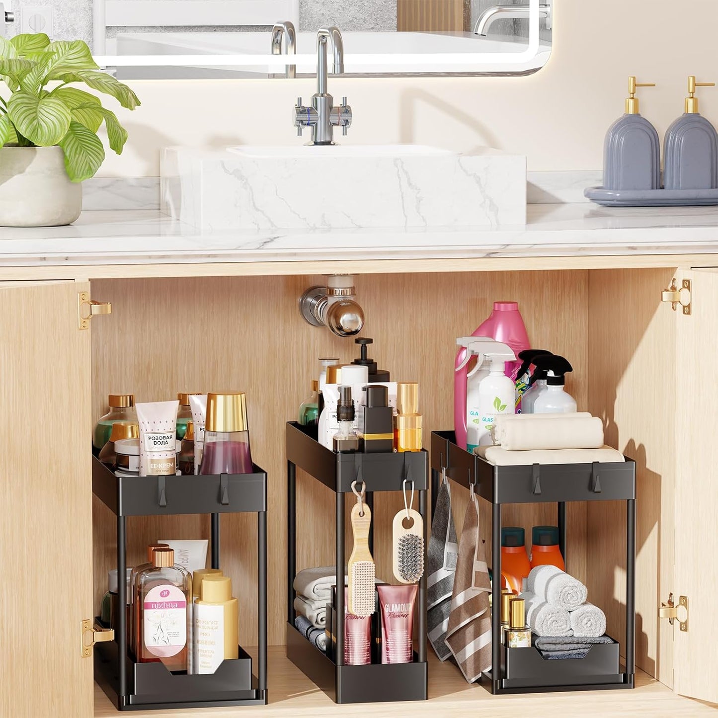 Simple Trending Under Sink Organizer 2 Pack, Sink Pull-Out Sliding Storage Cabinet, 2-Tier Under Shelf Organizer for Kitchen Bathroom, Black