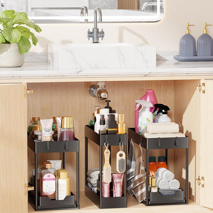 Simple Trending Under Sink Organizer 2 Pack, Sink Pull-Out Sliding Storage Cabinet, 2-Tier Under Shelf Organizer for Kitchen Bathroom, Black