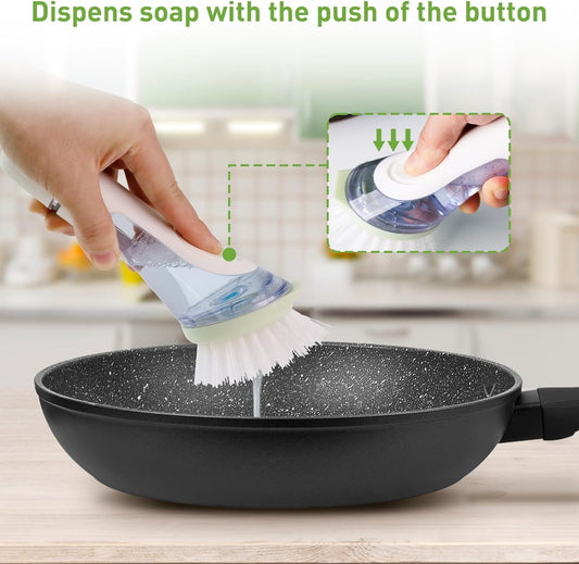 Soap Dispensing Dish Brush, 2 Dish Wand & 4 Brush Refills, Dish Scrub Brush with Soap Dispenser, Dish Soap Brush for Dishes, Pans, Sink, Pots