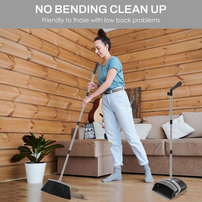 Broom and Dustpan Set for Home, 51-in Long Adjustable Handle Angle Broom and Dustpan Combo Set with Dust Pan Teeth to Clean Hair for Home Kitchen Office Lobby Floor Garden (Black&White)