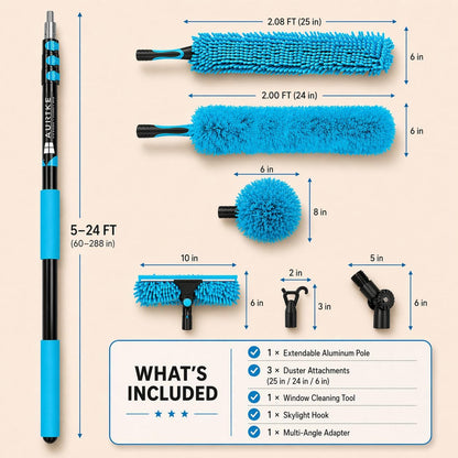 High Ceiling Duster Kit with 3-8FT Heavy Duty Extension Pole, Reaches Up to 13FT, Includes Microfiber Feather Duster, Cobweb and Ceiling Fan Duster, Window Squeegee Cleaner & Skylight Hook (8FT)