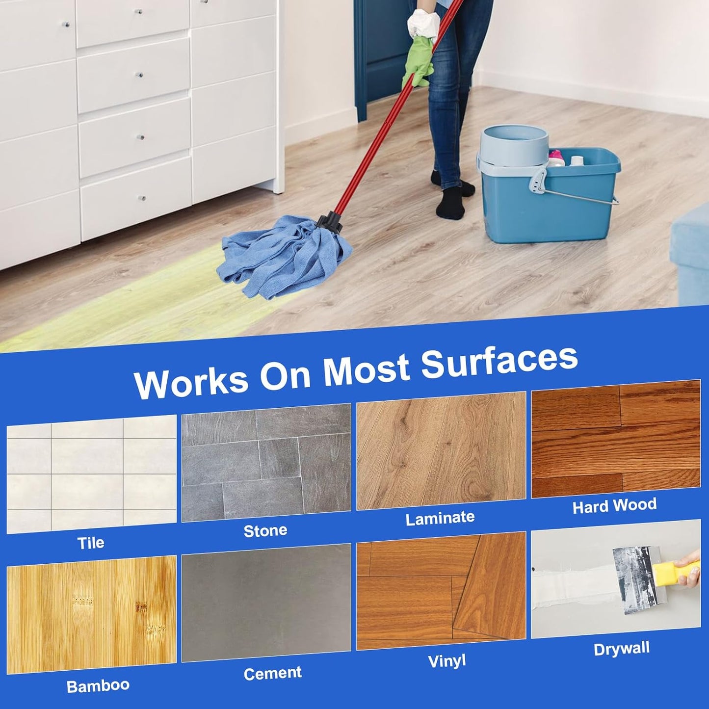 Microfiber Mop Cloth Heads Replacements: One Mop Handle with Three Blue Microfiber Cloth Heads Compatible with All Standard US Threading Pole Handle