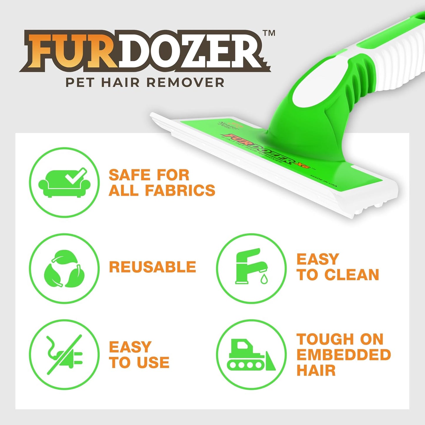 FurDozer Pet Hair Remover & Auto Detailing Tools - Cat & Dog Hair Remover for Carpets, Car Interiors, Couches, Bedding, & Pet Furniture (Gray, X3 PRO - 5" Long)