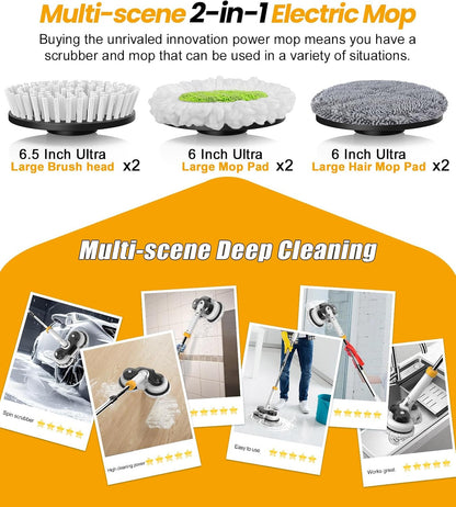 qimedo 800RPM Cordless Electric Mop, 6000mAh Battery Electric Power Scrubber & Mops for Floor Cleaning, Best Automatic Spin Mops with Smart Display,Rotating Mop with LED Light & Water Spray