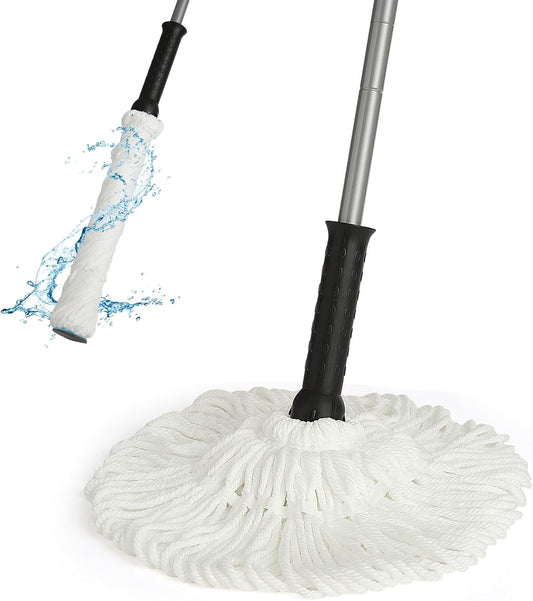 Eyliden Twist Mop - Simple, 57" Long Handle, Self-Wringing Microfiber String Mop for Floor Cleaning, Traps Dust & Pet Hair, Absorbs Spills Quickly, Safe for All Floor Types, JX-0001, White