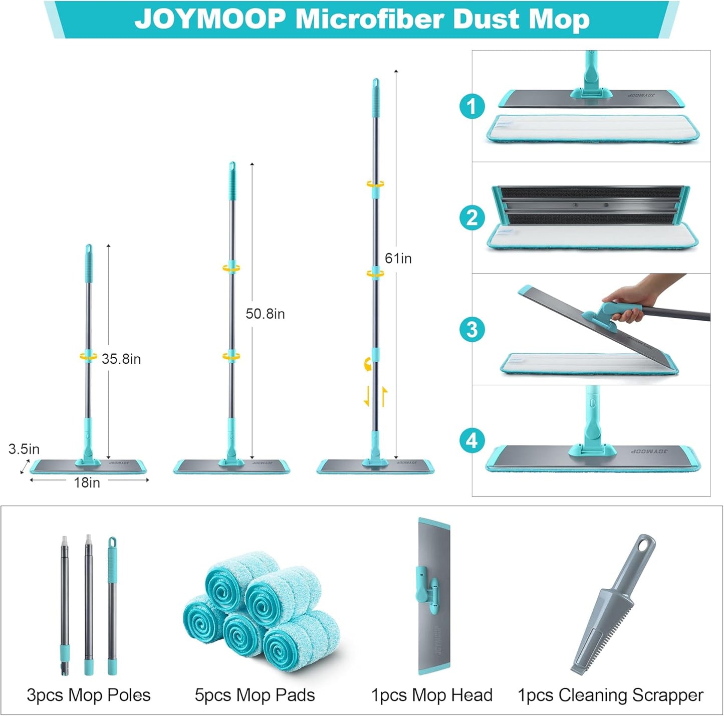 JOYMOOP 18 Inch Dust Mop for Hardwood Floors, Heavy Duty Industrial Wet Dry Mops with Telescopic Handle, Includes 5 Microfiber Mop Pads