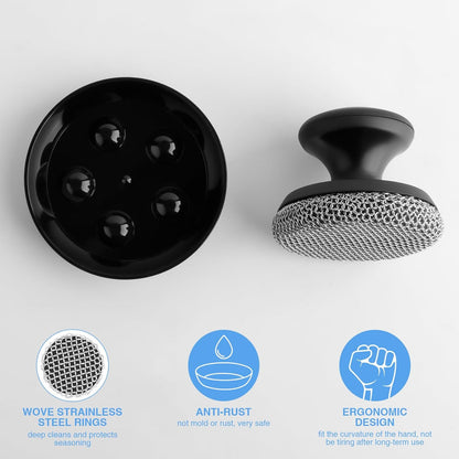 Cast Iron Scrubber Cleaner, Chainmail Scrubber for Cast Iron Pan Skillet, Dish Scouring Pad, 316 Stainless Steel Brush/Scraper for Metal Skillet Scrubbing, Wok, Dutch Oven Cleaning Kit - Thin Mesh