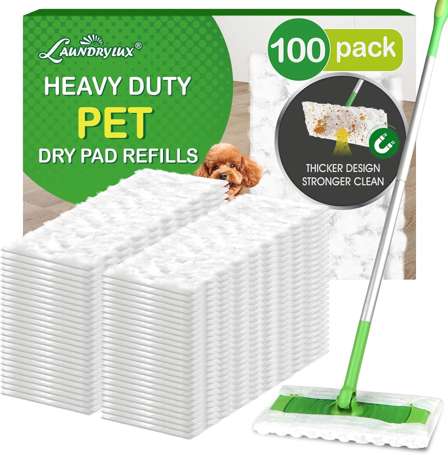LAUNDRYLUX Heavy Duty Dry Sweeping Cloths Refills Compatible with Swiffer Sweeper, Multi Surface Pet Dry Pads Refill, Floor Cleaner for Dust, Hair, Dirt, Disposable Duster Mop Pad - 32 Count