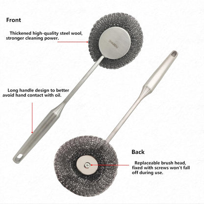 Stainless Steel Wool Scrubber Set, Long Handle & Handle Brushes,Metal Brush for Pots, Pans, Grills & Cutlery Cleaning (3 Pack)