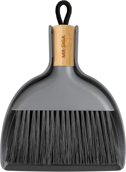 MR.SIGA Mini Dustpan and Brush Set, Portable Cleaning Brush and Dustpan Combo with Bamboo Handle, Black, 1 Set
