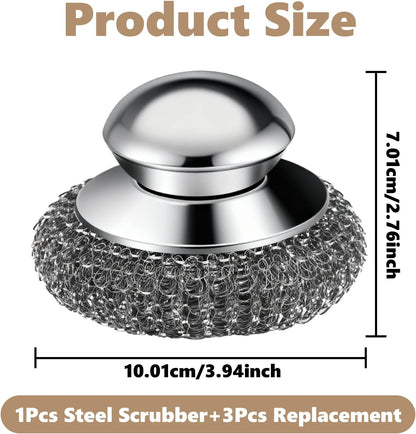Steel Wool Scrubber, 4-Pack Stainless Steel Scrubber Pads with Handle - The Ultimate Scouring Solution for Rust, Stubborn Messes on Cookware, Grill, Oven & Kitchen Sinks