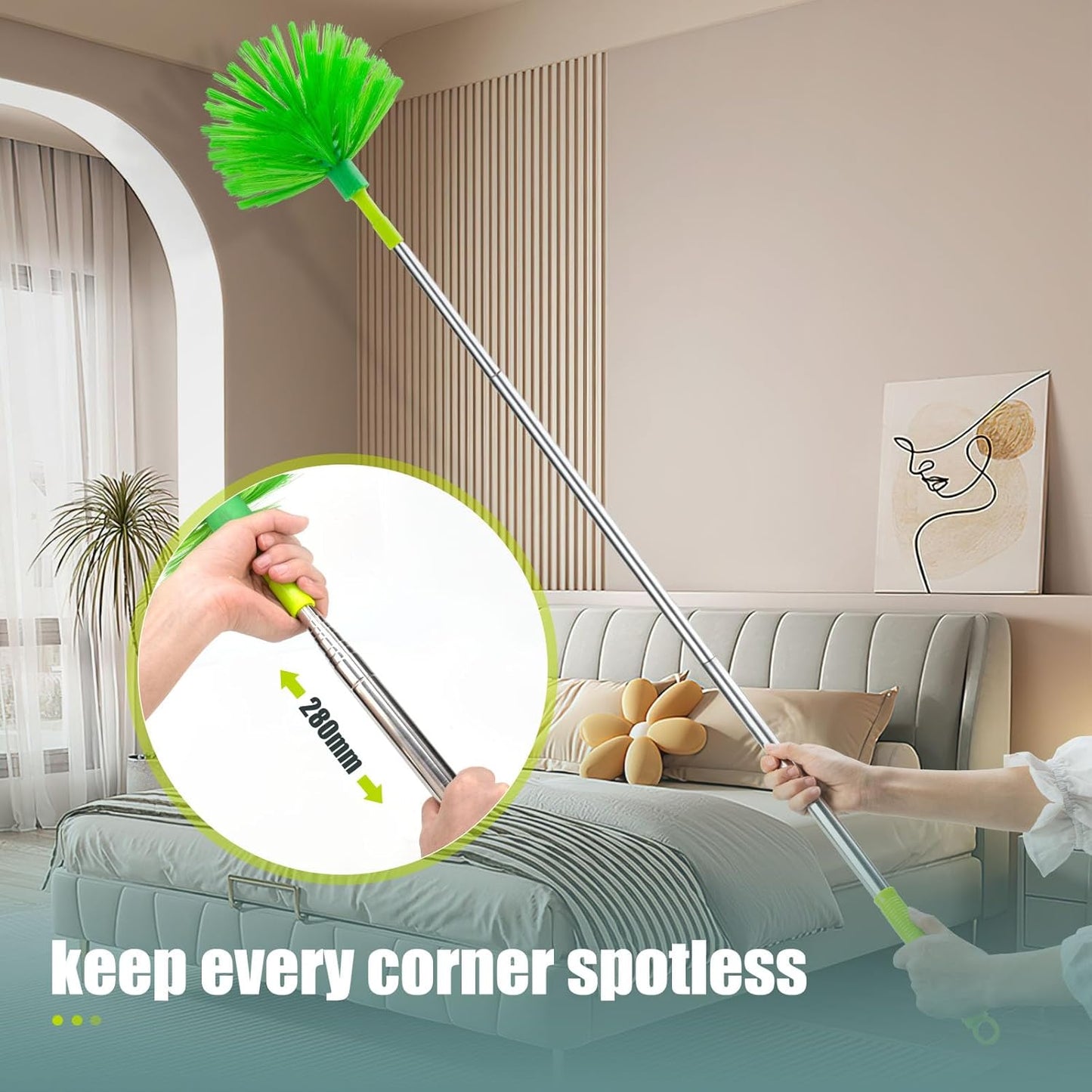 Microfiber Duster with Extension Pole 30 to 100'', Bendable Reusable Washable Feather Dusters for Cleaning High Ceiling Fan, Cobweb, Blinds, Keyboard, Furniture & Cars, Green Gift for Women (11 PCS)
