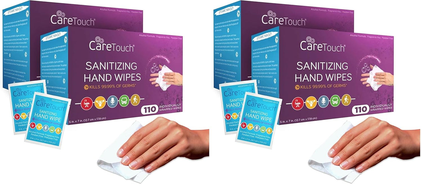 Care Touch Hand Sanitizer Wipes - 110 Hand Wipes Individually Wrapped - Travel Size - Sanitizing Wet Wipes for Home, Office & Outdoor Use
