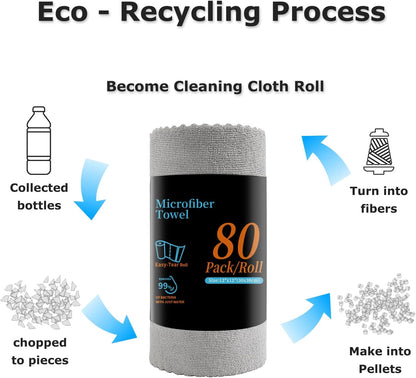 80 Pack Microfiber Cleaning Cloth Roll Reusable Paper Towels 12"x12" Tear Away Cloth, Microfiber Towels for Cars, Wash Cloths, Lint Free Dark Grey Rags for House, Kitchen,Window,Cleaning Supplies
