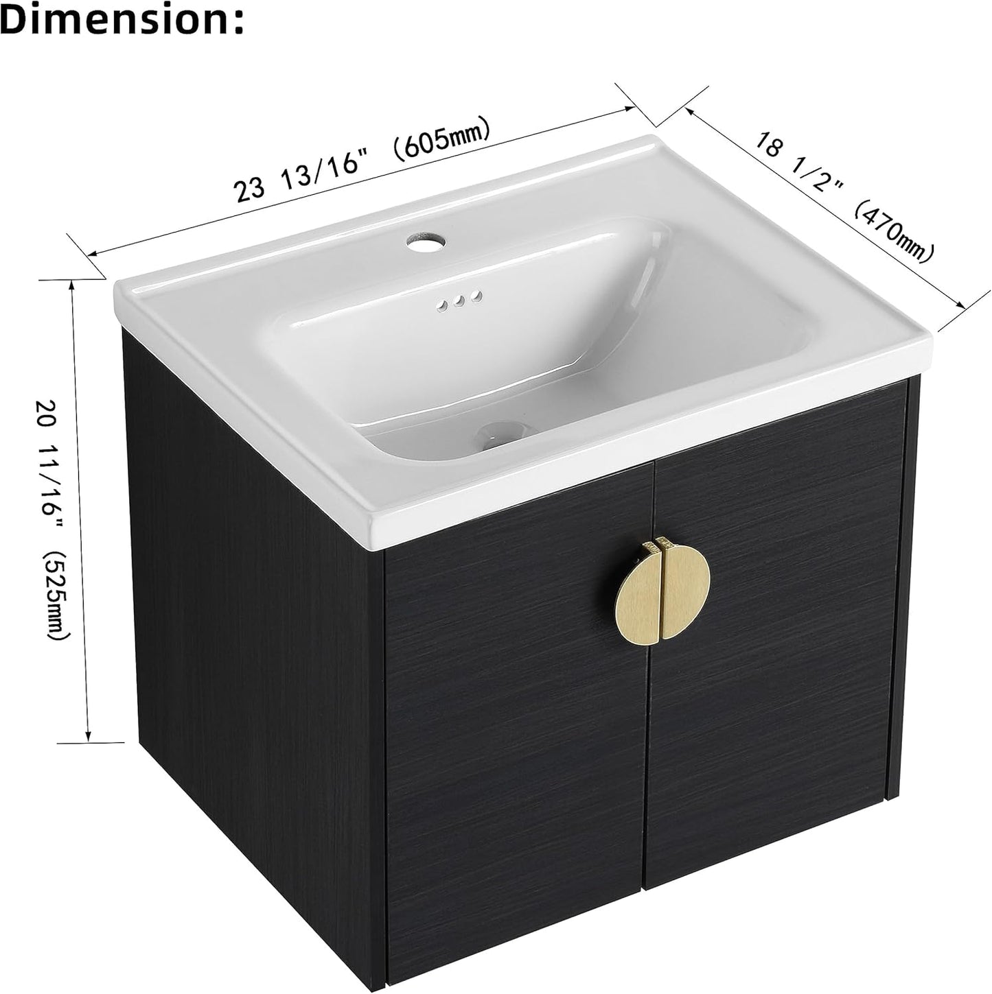 SSLine Modern 24-Inch Bathroom Vanity with Sink Wall Mounted Bathroom Vanity with Top Basin & Storage Cabinet White Wood Floating Vanity w/Ceramic Sink & Gold/Black Handles for Small Space