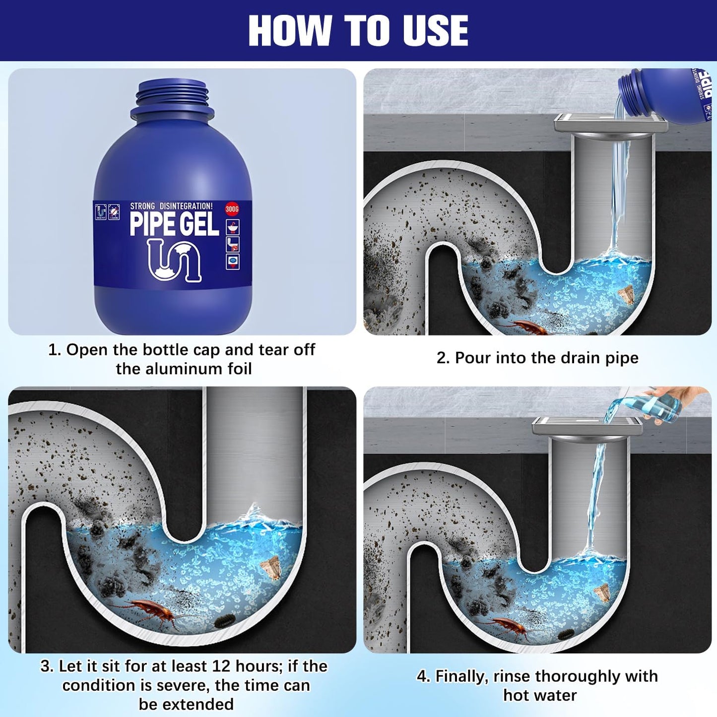 Pipe Bobo Drain Cleaner 10.6OZ, Professional-Grade Drain Clog Remover for Kitchen Sink, Powerful Unclogging, Unclog drains, clog remover, Shower, Tub, Compatible with All Pipe Materials