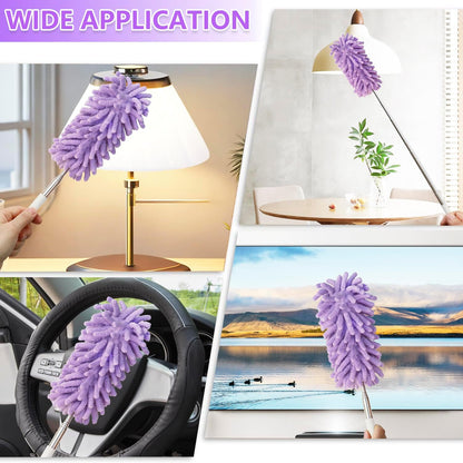 2Pcs Mini Duster for Cleaning, Microfiber Duster with Extendable Pole, Washable Small Duster, Cleaning Tools for Office, Car Interior, Window, Furniture, Computer (Purple)