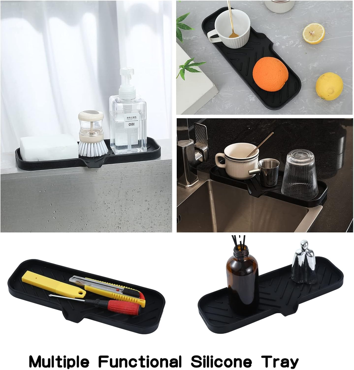 MicoYang Silicone Bathroom Soap Dishes with Drain Spout-Bathroom and Kitchen Sink Organizer,Sponge Holder,Dish Soap Tray,Perfect for Dispenser,Scrubber,Bottle,Cup on Sink or Counter-Black 4.9"×3.2"
