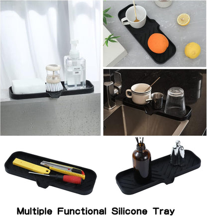 MicoYang Silicone Bathroom Soap Dishes with Drain Spout-Bathroom and Kitchen Sink Organizer,Sponge Holder,Dish Soap Tray,Perfect for Dispenser,Scrubber,Bottle,Cup on Sink or Counter-Black 4.9"×3.2"