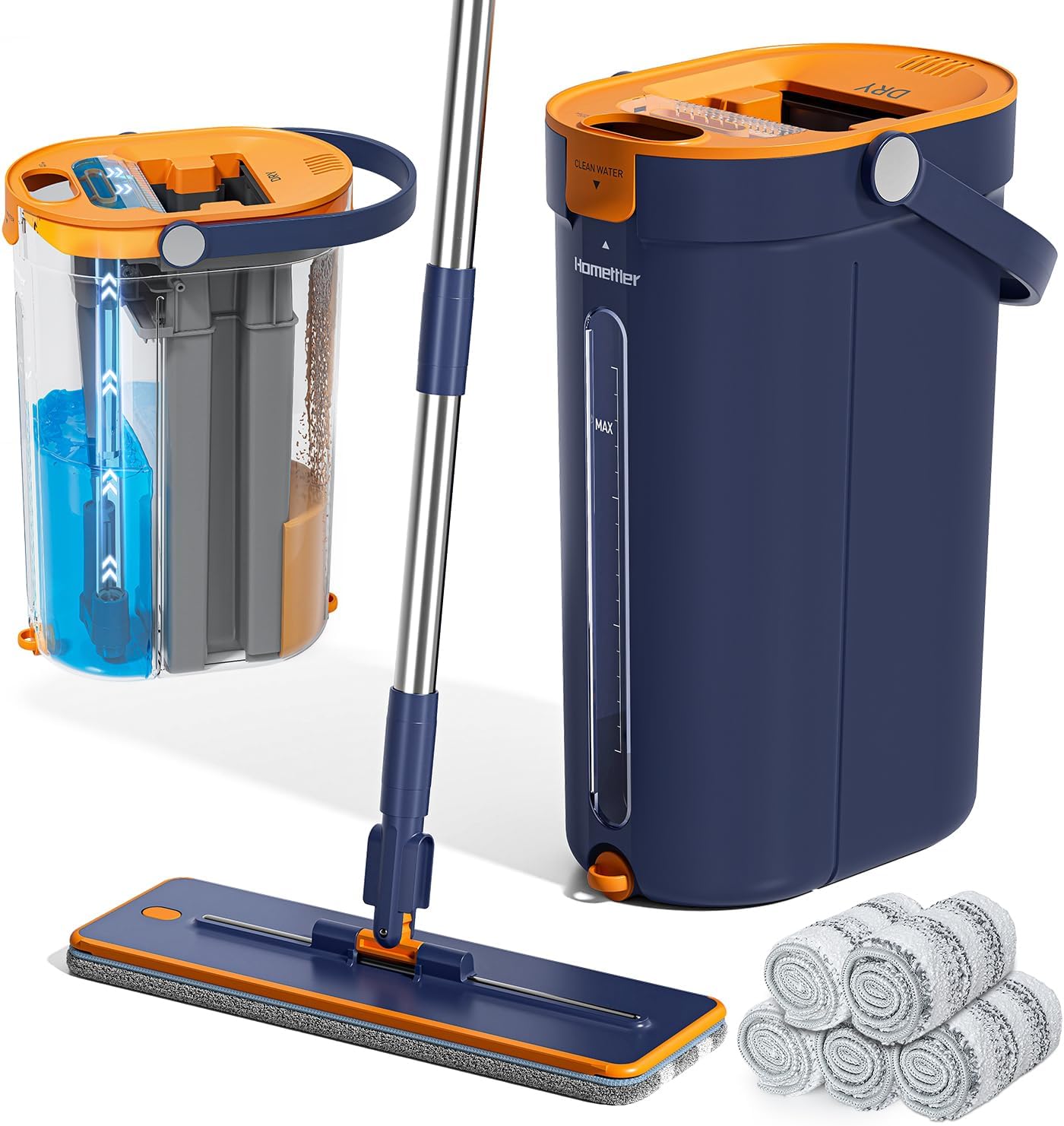 HoMettler Mop and Bucket Set with Wringer, 3-Tank Flat Mop and Bucket System, Wall Mop Cleaner with Long Handle, Hands Free Mops for Floor Cleaning with 4 Microfiber Pads
