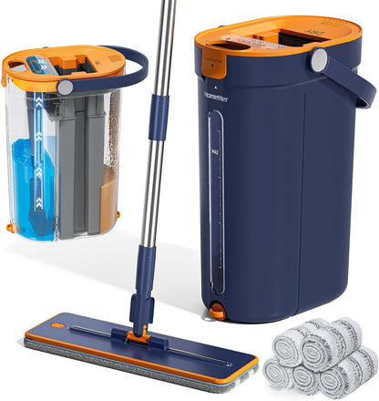 HoMettler Mop and Bucket Set with Wringer, 3-Tank Flat Mop and Bucket System, Wall Mop Cleaner with Long Handle, Hands Free Mops for Floor Cleaning with 4 Microfiber Pads