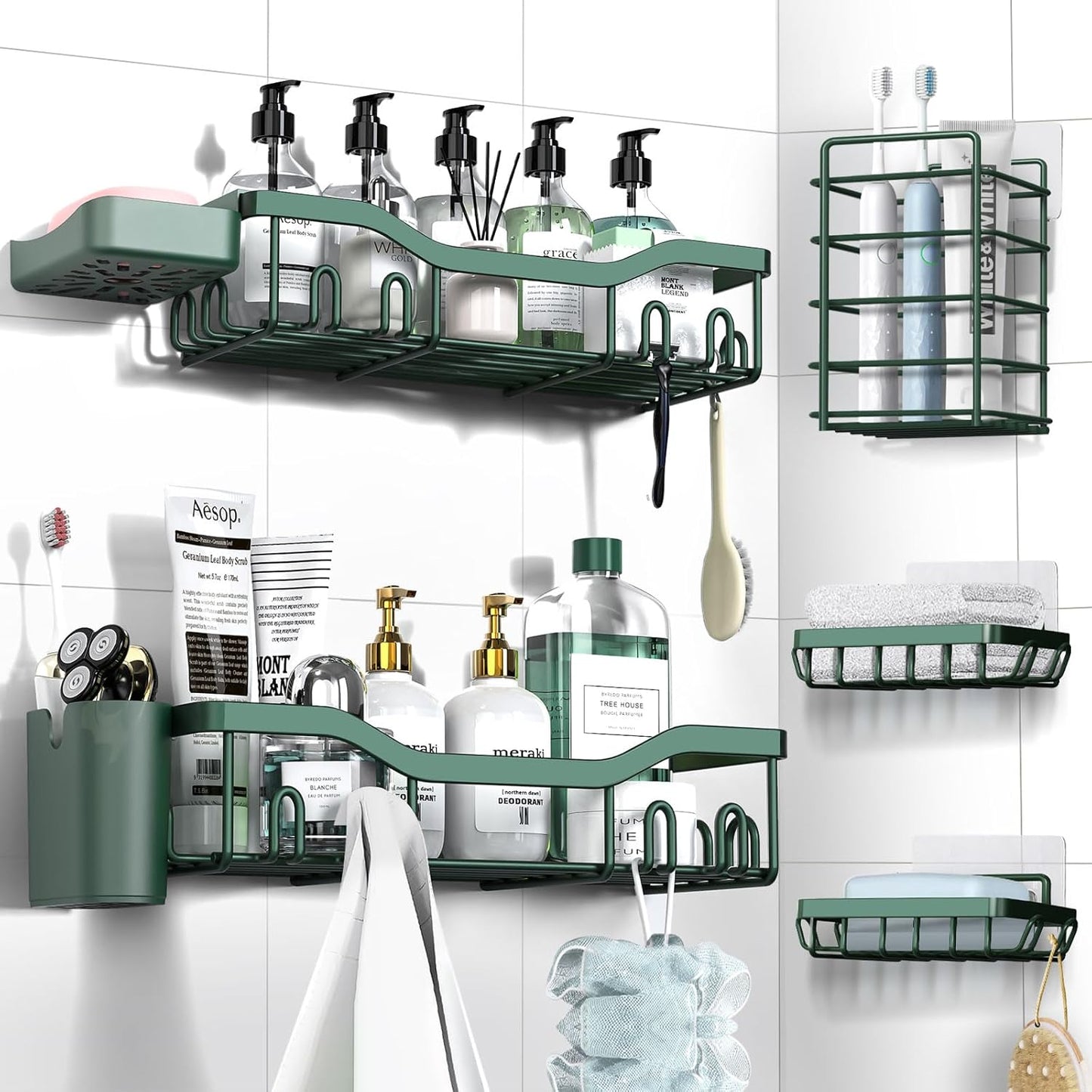NESOMI Shower Caddy Adhesive Shower Organizer 7-Pack, Rustproof Stainless Steel Bathroom Shelves, Large Capacity No-Drill Rack Storage Accessories with Soap Dish Toothbrush Holder &24 Hooks Home Decor
