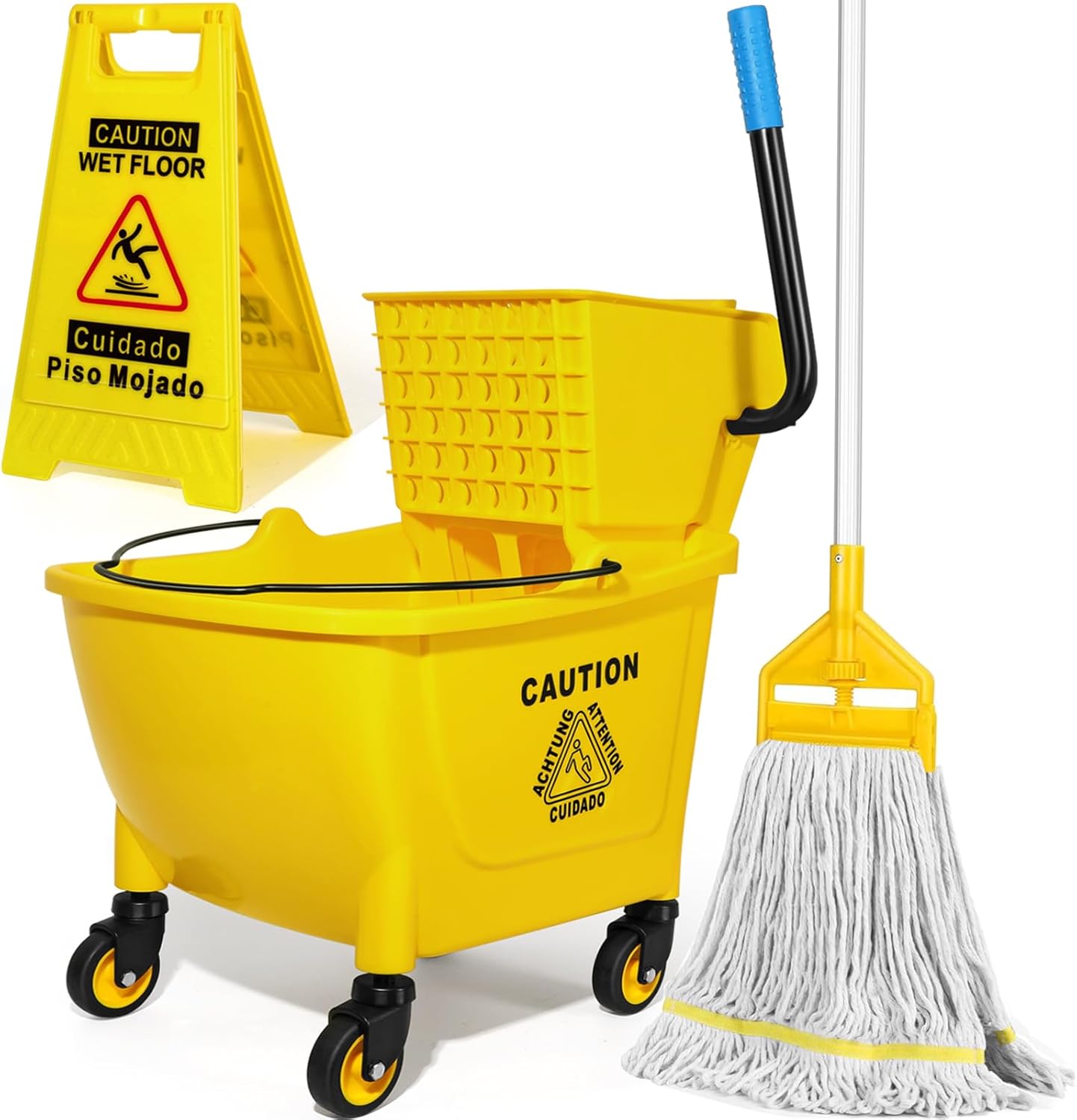 35 Qt Commercial Mop Bucket with Side Press Wringer on Wheels,Heavy Duty Industrial Mop and Bucket Set for Floor Cleaning,Including 1 Wet Floor Caution Sign for Household and Business,Yellow