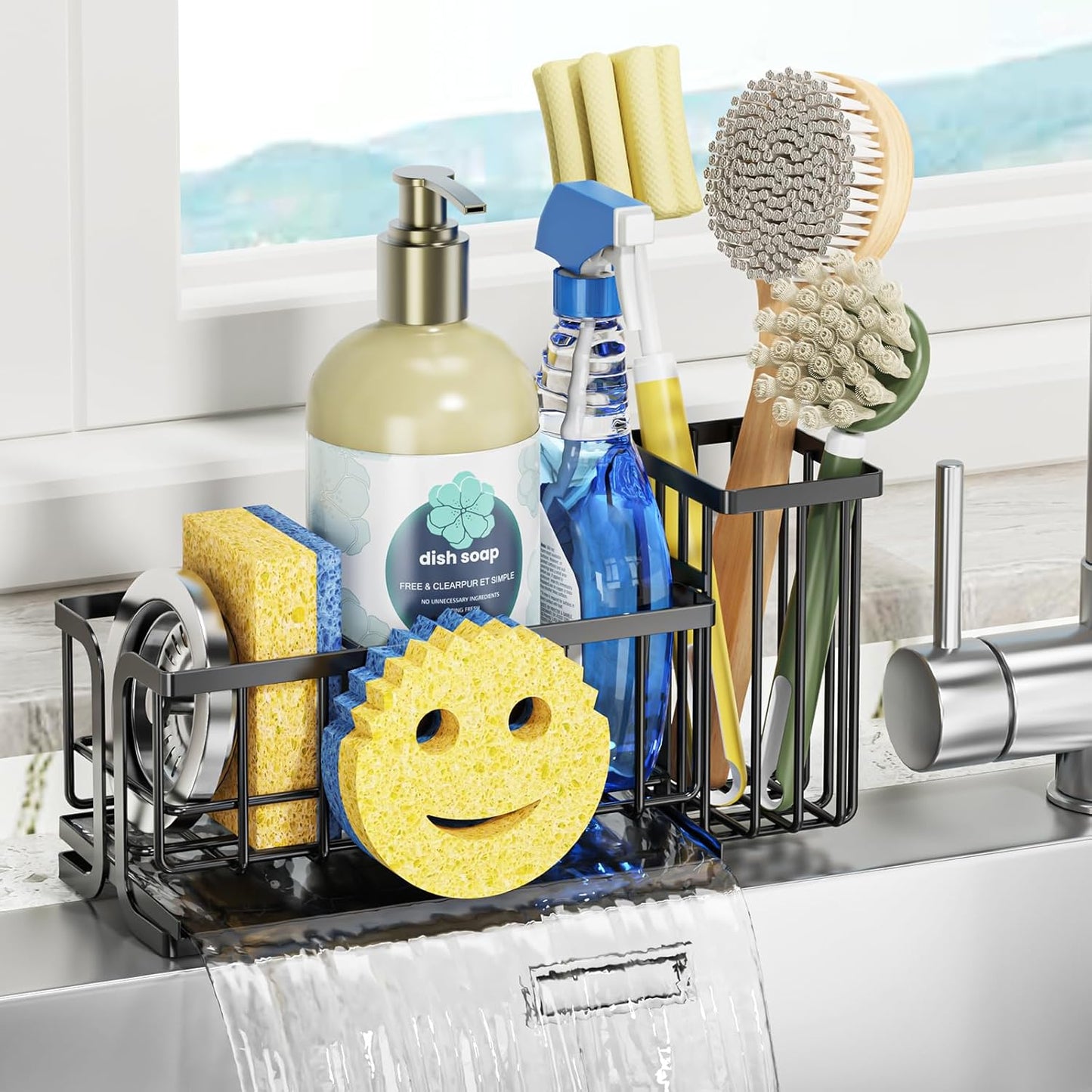 Sponge Holder for Kitchen Sink with Suction Cups & Adhesive Hook, Rustproof In-Sink Sponge Holder, Space-Saving Wall Hanging Sink Caddy Organizer Rack - Sponge, Dish Cloth, Brush - Stainless Steel