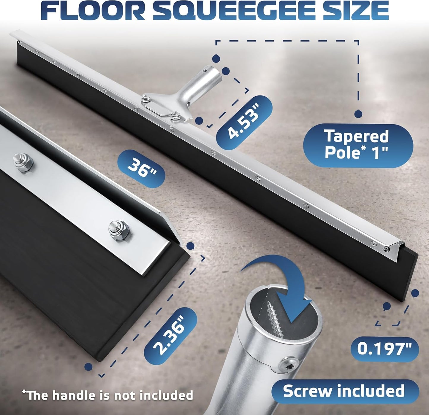 DSV Standard Garage Floor Squeegee 18’’, Neoprene Blade Asphalt Squeegee, Taper Pole Connection - Handle Sold Separately for Tiles, Concrete and Asphalt