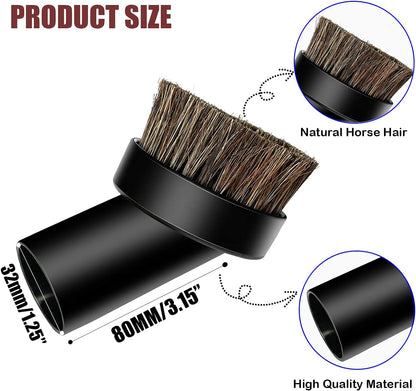 Round Dust Brush 25mm Soft Horse Hair 1.25” Vacuum Attachment Replacement with 1-1/4" to 1-3/8 Horse Adapter