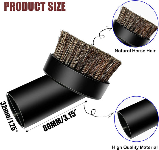 Round Dust Brush 25mm Soft Horse Hair 1.25” Vacuum Attachment Replacement with 1-1/4" to 1-3/8 Horse Adapter
