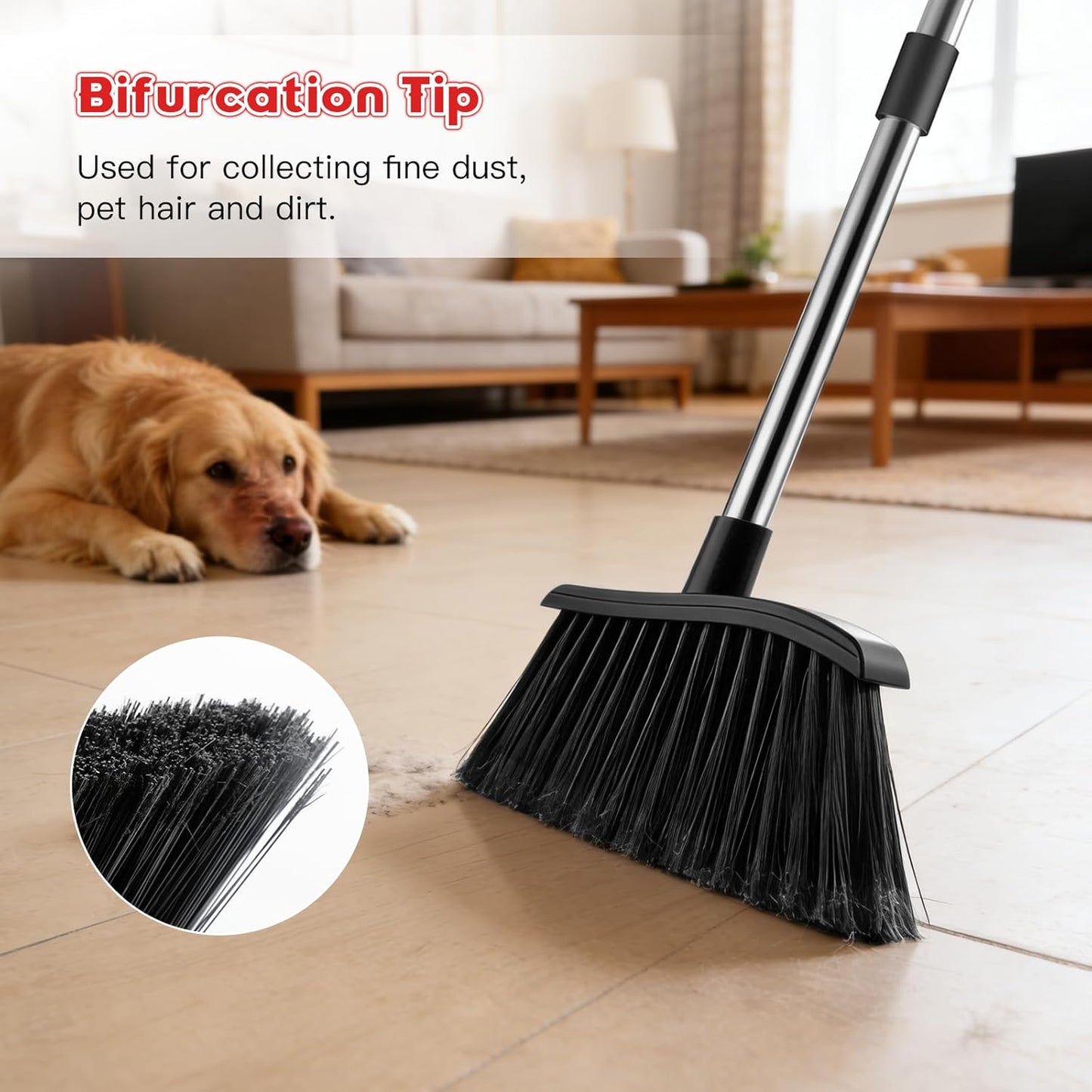 Broom and Step-on Dustpan Set, 59-in Adjustable Long Handle Broom with Dustpan Combo Set Outdoor Angle Broom for Sweeping Indoor Dust Pet Hair for Cleaning Kitchen Garage Deck Patio, Black&Red