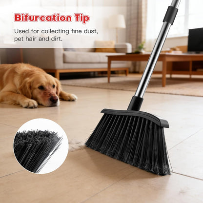 Broom and Step-on Dustpan Set, 59-in Adjustable Long Handle Broom with Dustpan Combo Set Outdoor Angle Broom for Sweeping Indoor Dust Pet Hair for Cleaning Kitchen Garage Deck Patio, Black&Red