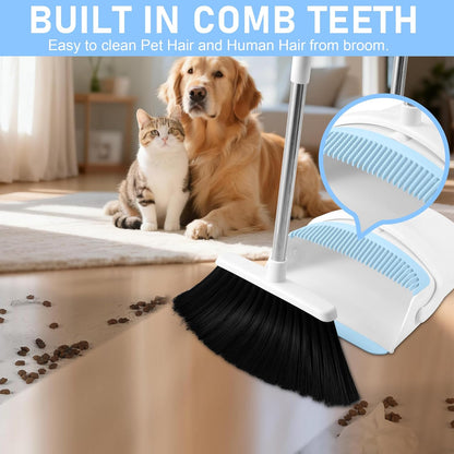 Broom and Dustpan Set, Broom Dustpan Combo Set for Home Commercial Cleaning Supplies Angle Broom with Long Handle Perfect for Courtyard Garage Street (Green)