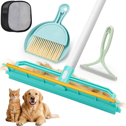 Carpet Rake for Pet Hair Removal - 5-in-1 Dual-Sided Rubber & Metal Carpet Scraper Tool with 60" Adjustable Handle, Cleaning Set for Dog and Cat Fur on Furniture, Short Pile Carpets, Rugs