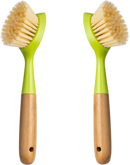 2 Pack Kitchen Dish Brush Bamboo Handle Dish Scrubber Built-in Scraper, Scrub Brush for Pans, Pots, Kitchen Sink Cleaning, Dishwashing and Cleaning Brushes are Perfect Cleaning Tools, White