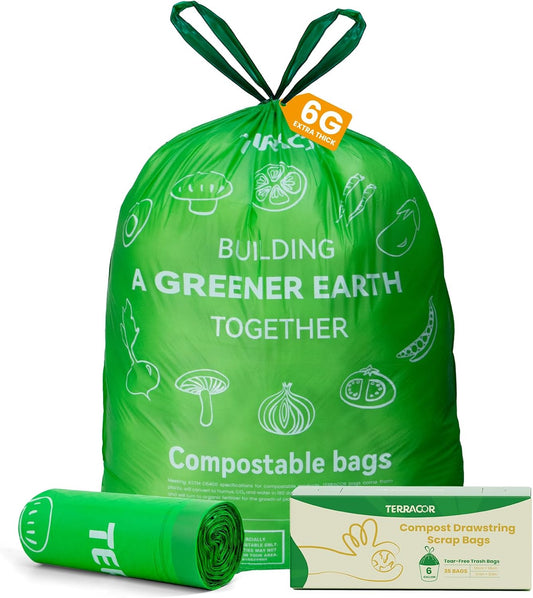 6 Gallon Compostable Trash Bags Drawstring, Heavy Duty Extra Thick 1 Mil, 35 Bags, Tall Kitchen Food Scrap Waste Bag, ASTM D6400 ASIN