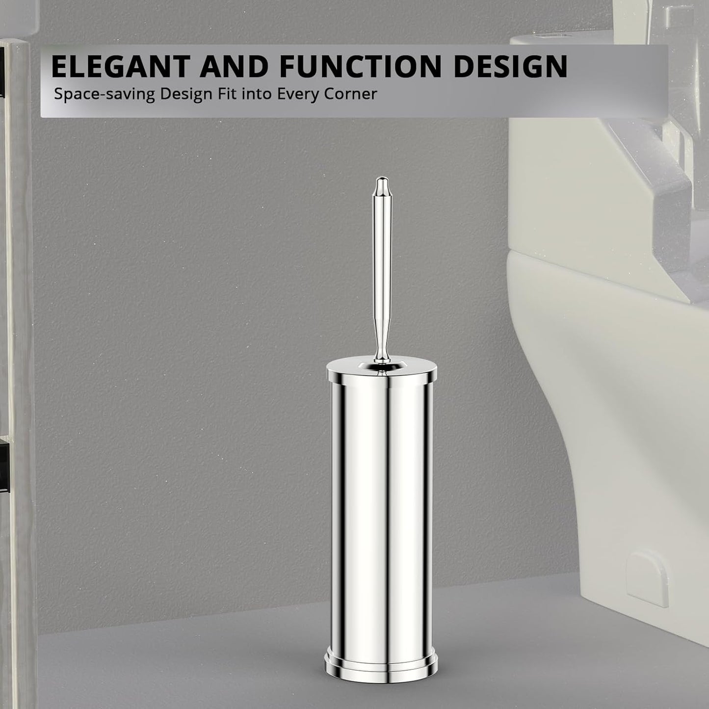 Premium 304 Stainless Steel Toilet Brush and Holder: Weighted Stable Base, Removable Inner Tube, Splash-Proof Design for 360° Thorough Cleaning & Space-Saving Storage,Nickel