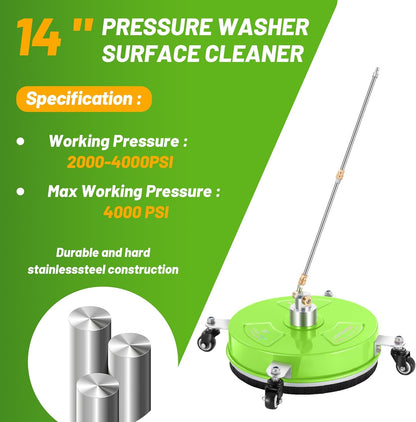 14" Pressure Washer Surface Cleaner with 4 Wheels - Stainless Steel Surface Cleaner for Pressure Washer Attachment for Concrete, Patio, Sidewalk, Deck and Driveways - PWS14