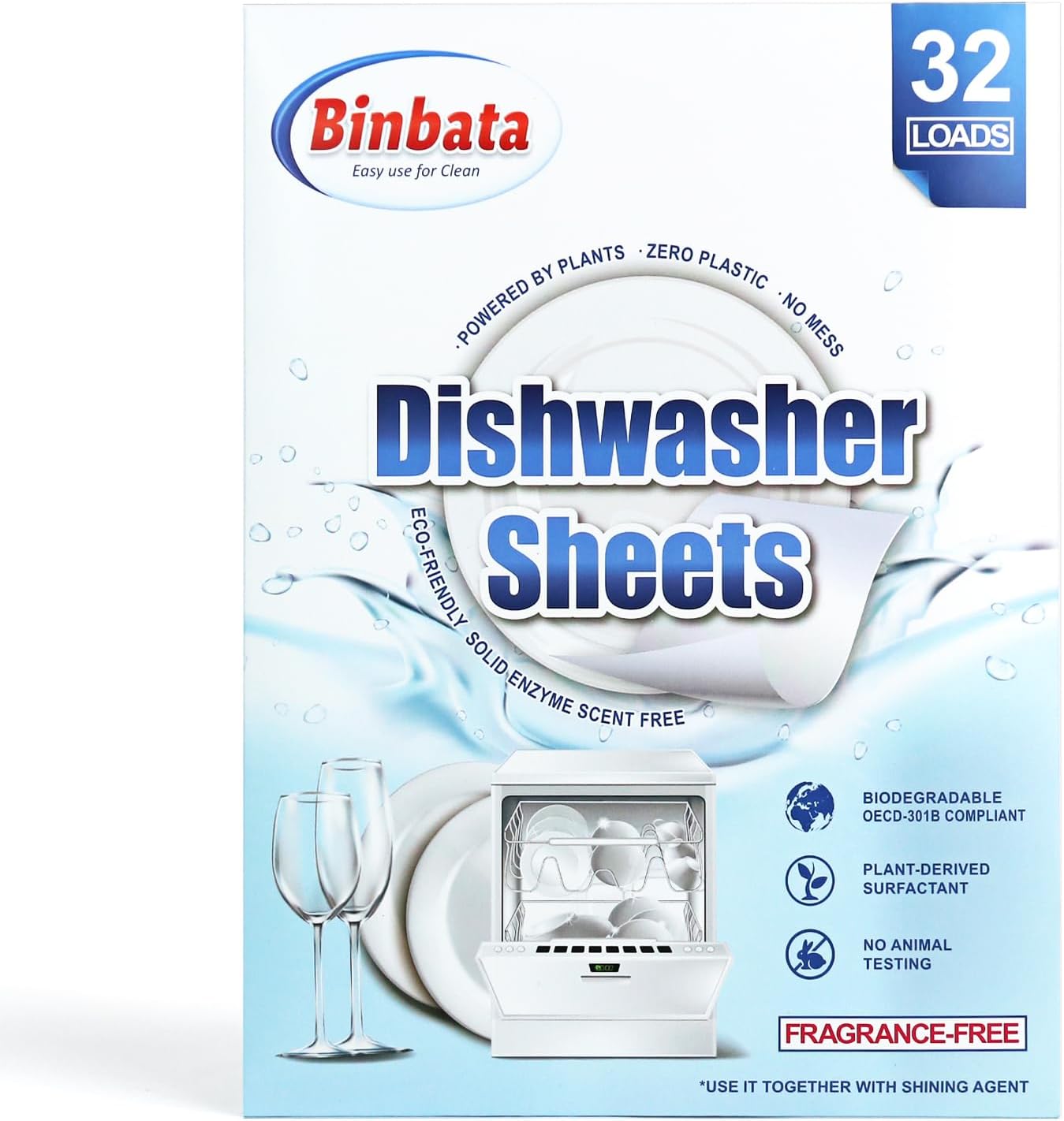 Binbata Eco Dishwasher Detergent Sheets Up To 160 Loads, Unscented Plastic Free Dishwashing Soap Strips With High Efficient Solid Enzyme, Leaving Dishes Sparkling Clean