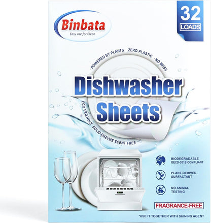 Binbata Eco Dishwasher Detergent Sheets Up To 160 Loads, Unscented Plastic Free Dishwashing Soap Strips With High Efficient Solid Enzyme, Leaving Dishes Sparkling Clean