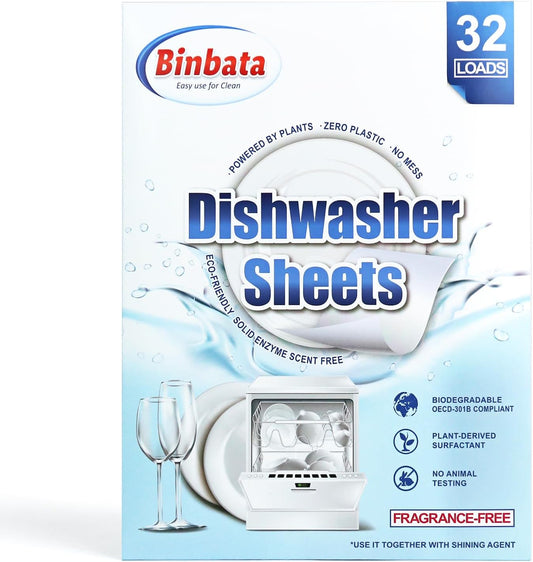 Binbata Eco Dishwasher Detergent Sheets Up To 160 Loads, Unscented Plastic Free Dishwashing Soap Strips With High Efficient Solid Enzyme, Leaving Dishes Sparkling Clean