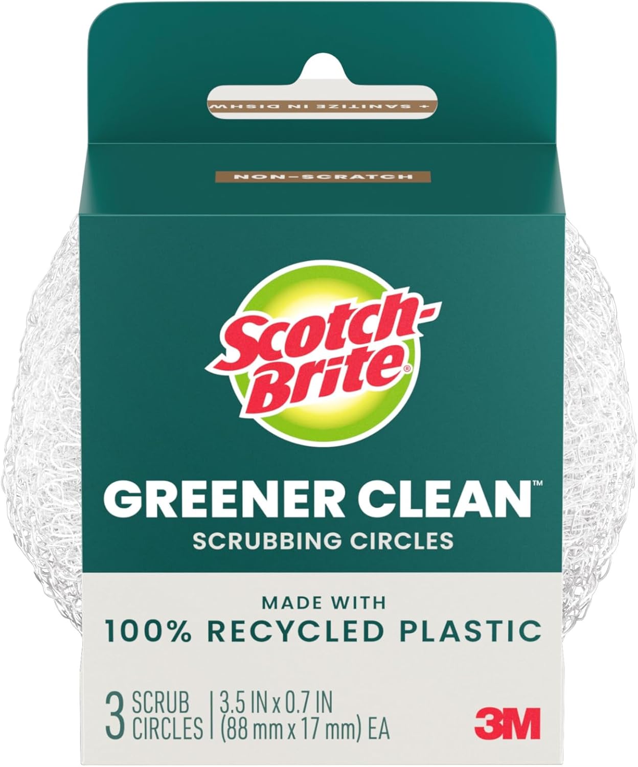 Scotch-Brite Greener Clean Recycled Scrubbing Circles, 3 Dish Scrubbers for Cleaning Kitchen & Scrubbing Fruits or Veggies, Safe on Nonstick Pots and Pans, Glassware