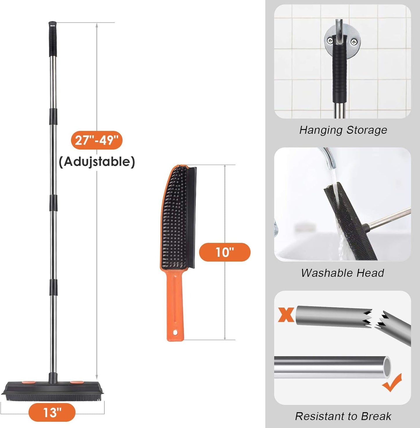 Pet Carpet Hair Rubber Broom with 49inch Long Handle, Portable Detailing Lint Remover, Soft Push Broom for Fluff Carpet, Hardwood, Tile, Window